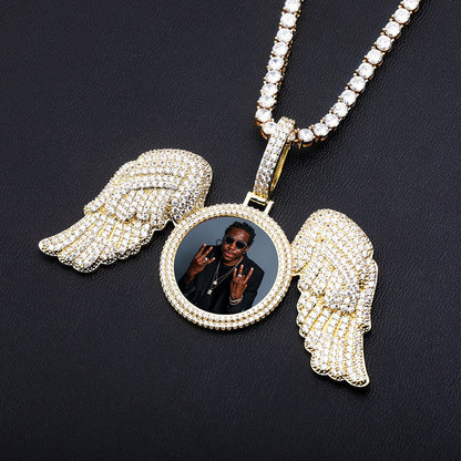 Angel Wings Custom Photo Medallion Necklace Iced Out  Cubic Zirconia Pendant Hip Hop Jewelry