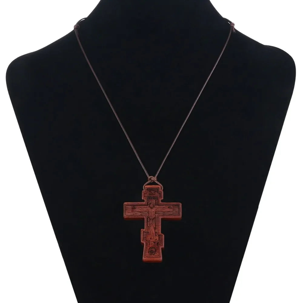 INRI red and black wood cross necklace rope chain religious