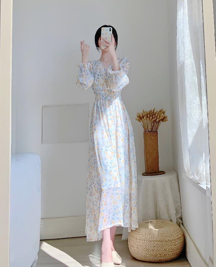 V-neck Chiffon Floral Dress Women Spring Summer Fairy Long Dresses Female