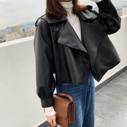 Women Pu Motorcycle Biker Faux Leather Jacket Turndown Collar Loose Punk Outerwear