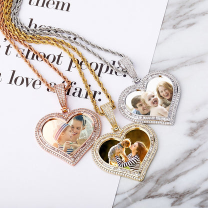 Custom Photo Pendant Heart-shaped Medal Necklace Iced Cubic Zirconia Pendant Hip Hop Jewelry