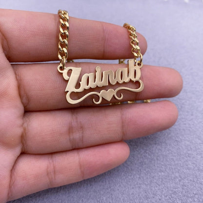 Custom Name Necklace With Heart Stainless Steel Cuban Chain Necklace