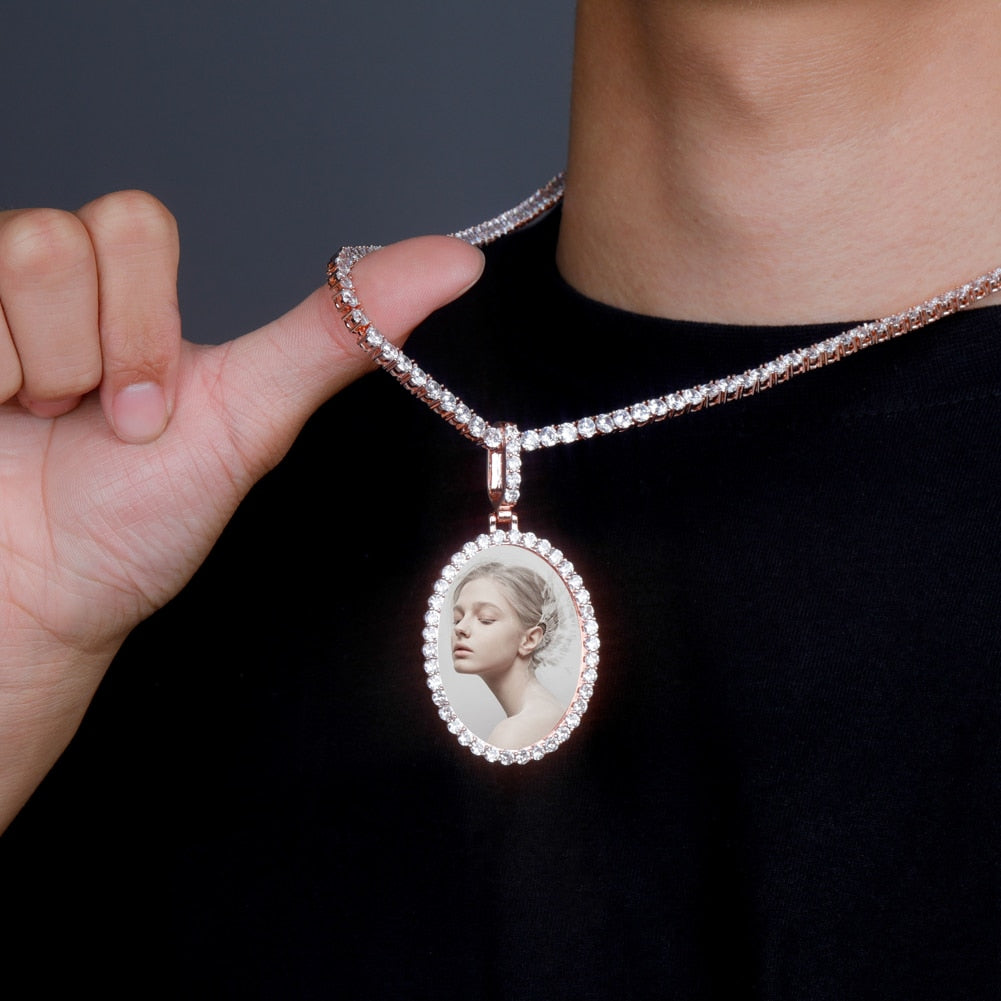 Custom Photo Pendant Oval Medal Pendant Ice Zircon Pendant Necklace Fashion Hip Hop Jewelry