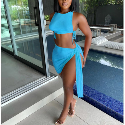 Knitted Ribbed Two Piece Set Bandage Crop Top Bodycon Mini Skirts Beachwear Outfits Summer