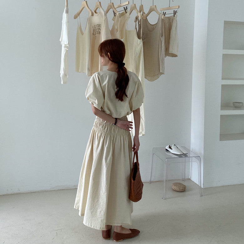 Vintage Sets Women Outfits Puff Sleeve Crop Top and Elastic Waist Pleat Long A-line Skirt