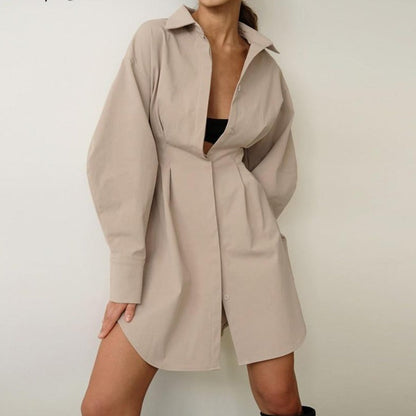 Autumn Winter Bodycon Dress Women Long Sleeve Khaki Pleated Shirt Midi Dresss