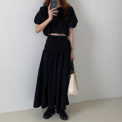 Vintage Sets Women Outfits Puff Sleeve Crop Top and Elastic Waist Pleat Long A-line Skirt