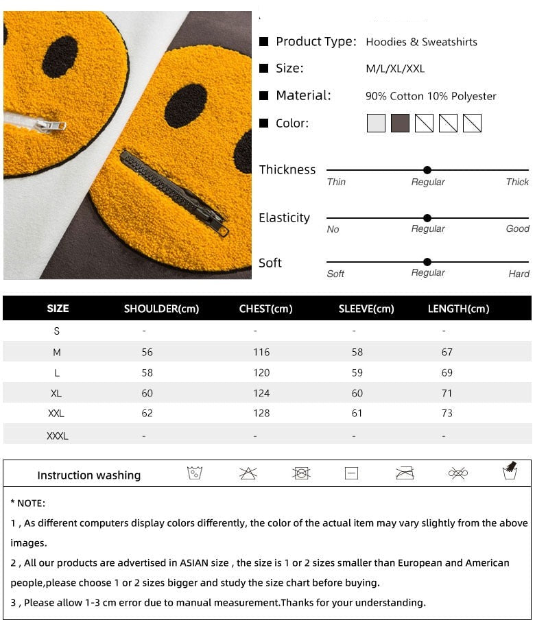 Zipper Pocket Smile Face Patchwork Fleece Hoodies Sweatshirts Streetwear