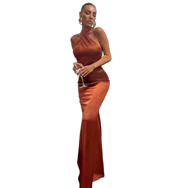 Solid Satin Halter Sleeveless Slim Bodycon Maxi Dress