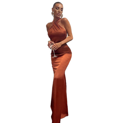 Solid Satin Halter Sleeveless Slim Bodycon Maxi Dress