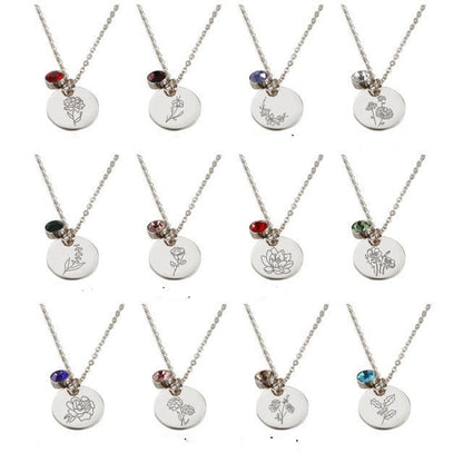 Stainless Steel Birth Flower Necklaces Birthstone Choker Necklace