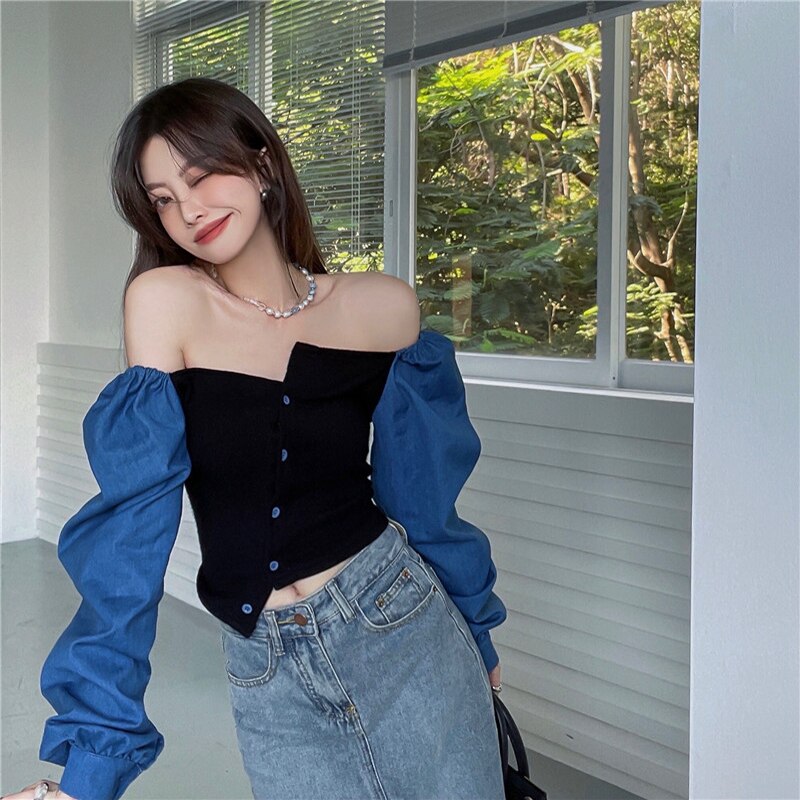 Patchwork Denim Shirts Women French Square Collar Puff Blouses Long Sleeve Crop Tops