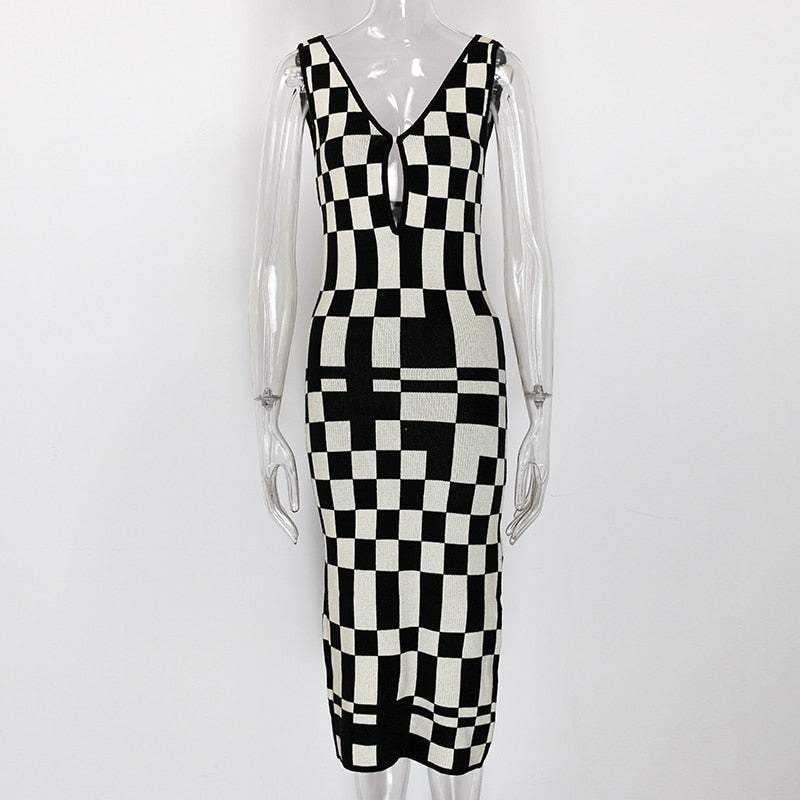 Knitted Sexy Bodycon Summer Women Dresses Backless Plaid Print Spaghetti Strap Hollow Out Vestidos