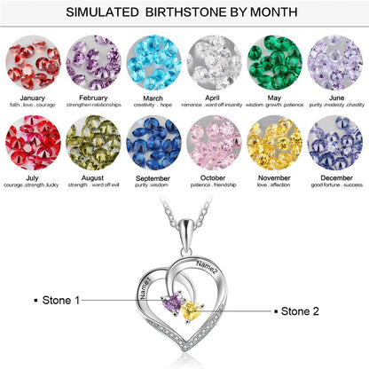 Personalized Heart Necklace with 2 Birthstones Engraved Name Couple Necklace