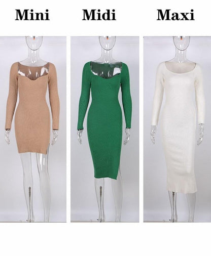 2022 Knitted Green Midi Sexy Bodycon Women Dress Spring Long Sleeve Off Shoulder Split Sweater Dresses
