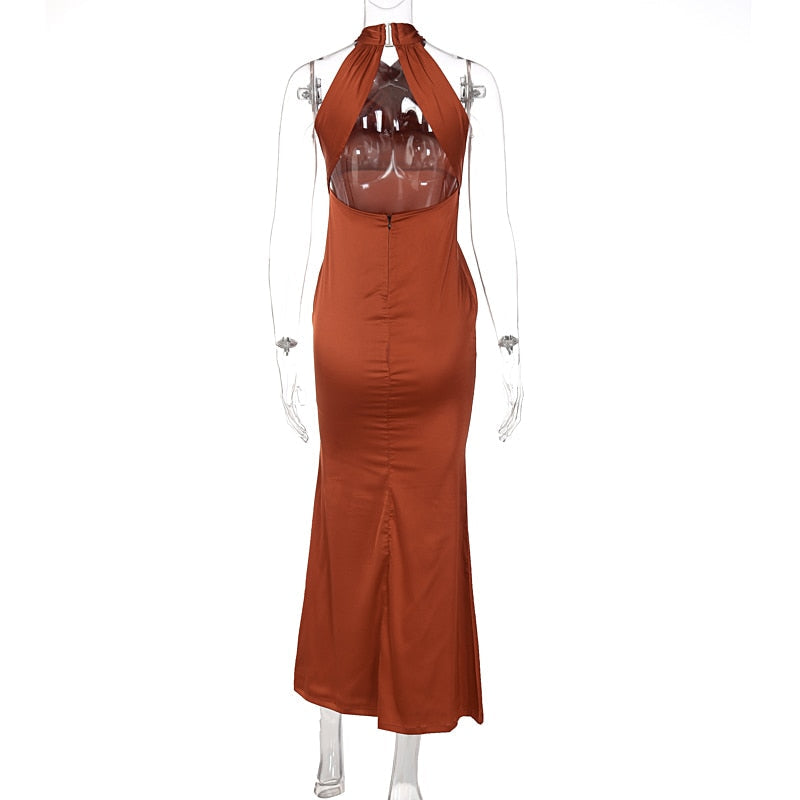 Solid Satin Halter Sleeveless Slim Bodycon Maxi Dress