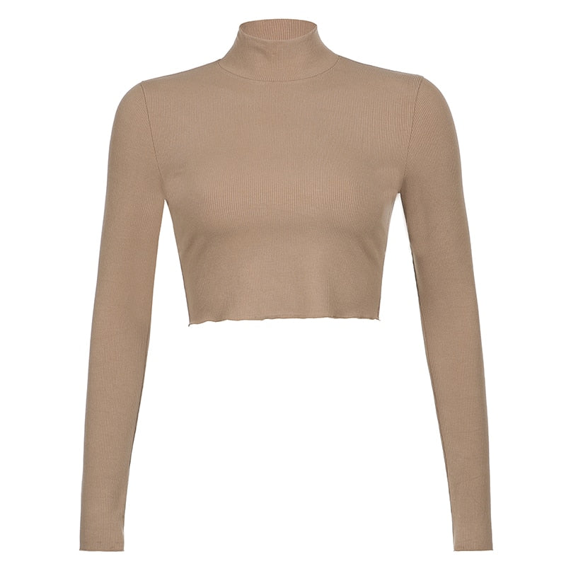 Solid Turtleneck Cropped T Shirt Women Autumn Casual Long Sleeve Ladies Skinny Basic