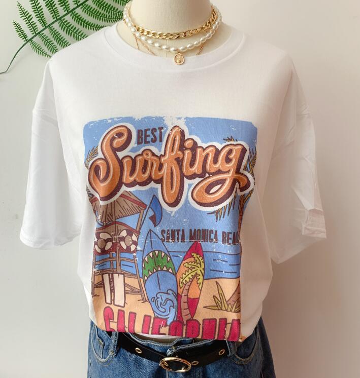 1pcs WHITE Tees Summer Casual Oversized Tee Best Surfing Santa Monica California Womens Retro Style