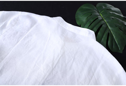 Cotton Shirt Long Sleeve Embroidery Blouse Stand Collar Loose Long Top Office Lady Casual Wear