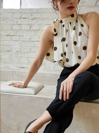 Ladies Halter Camisole Women Summer Retro Polka Dot Outwear Loose Sleeveless Tops