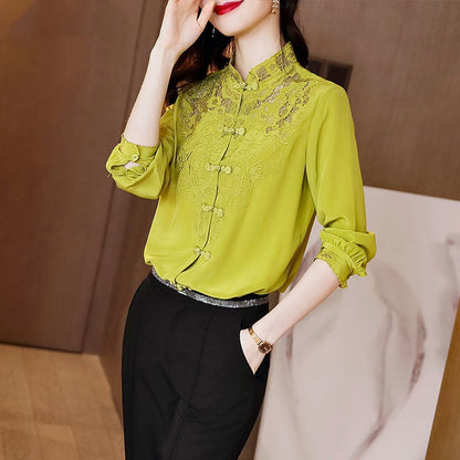 Embroidery Hollow Blouse Women Long Sleeve Imitation Silk Top Loose Vintage Shirt Plus Size