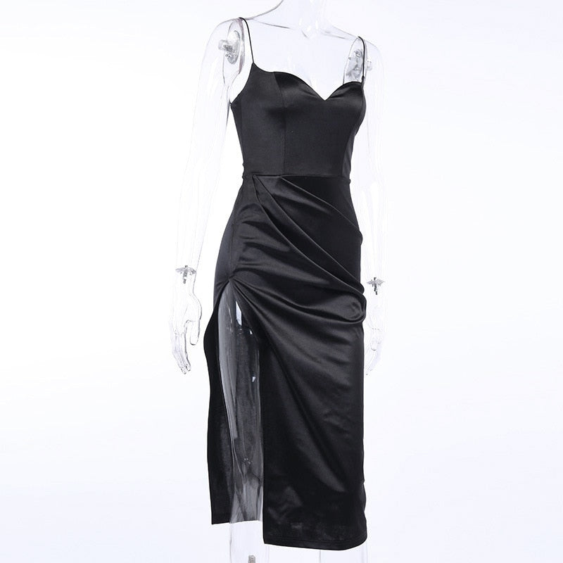 Satin Spaghetti Straps Low Cut Long Dress Women Summer Ruched Side High Split Maxi Dress