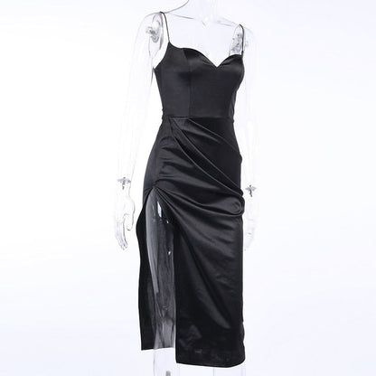 Satin Spaghetti Straps Low Cut Long Dress Women Summer Ruched Side High Split Maxi Dress