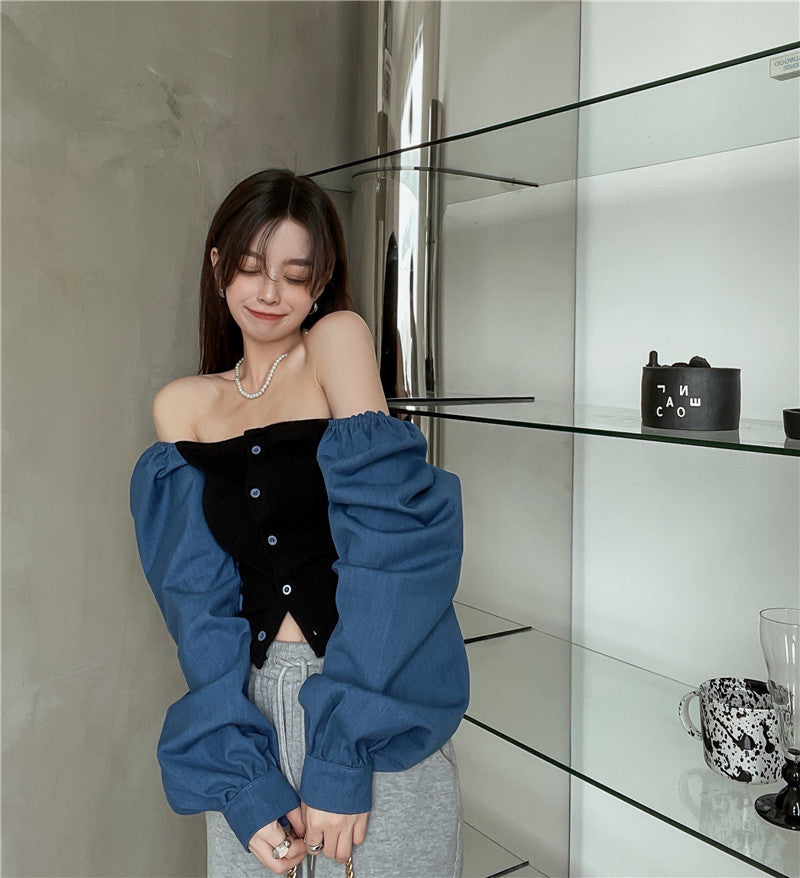 Patchwork Denim Shirts Women French Square Collar Puff Blouses Long Sleeve Crop Tops