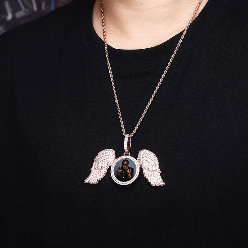 Angel Wings Custom Photo Medallion Necklace Iced Out  Cubic Zirconia Pendant Hip Hop Jewelry