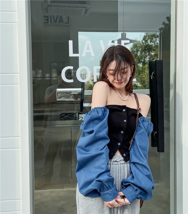 Patchwork Denim Shirts Women French Square Collar Puff Blouses Long Sleeve Crop Tops
