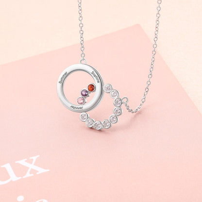 Personalized Name Interlocking Circle Pendants Custom 3 Birthstones Necklaces