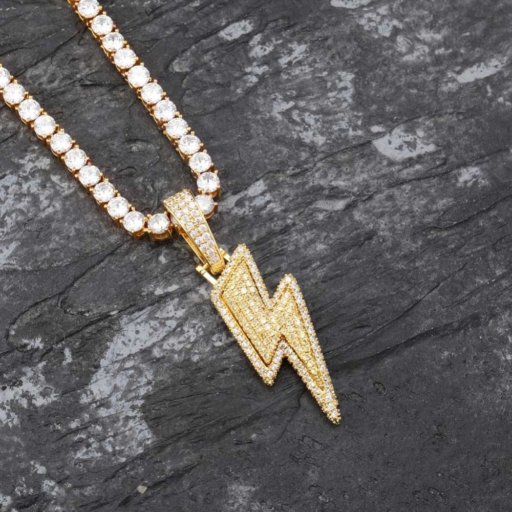 Iced Out Bling Lightning Pendants With Tennis Chain Copper Material Men&