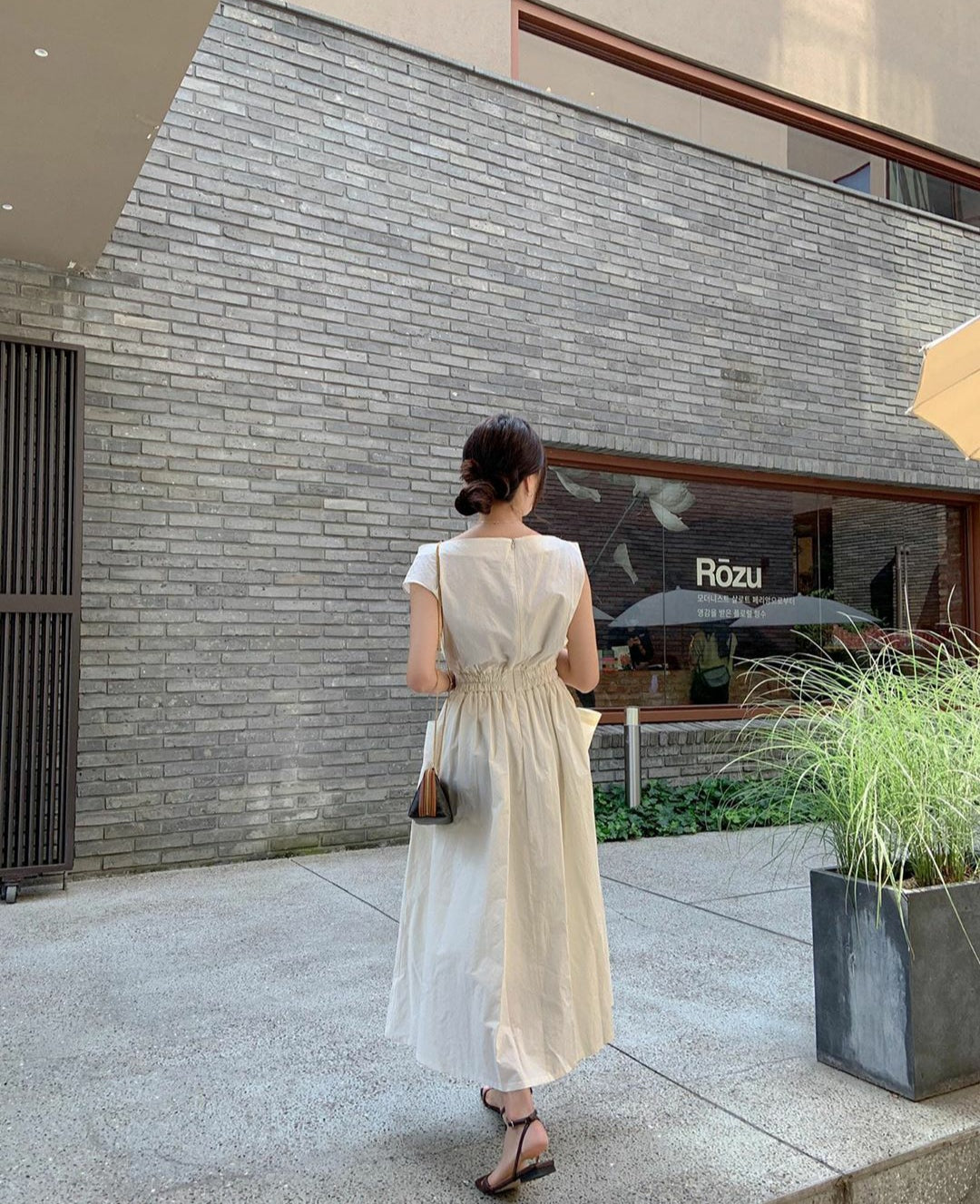 Slash Neck Sleeveless Zipper Long Tank Dress Elastic Folds-Waist A-line Dresses with Big Pockets