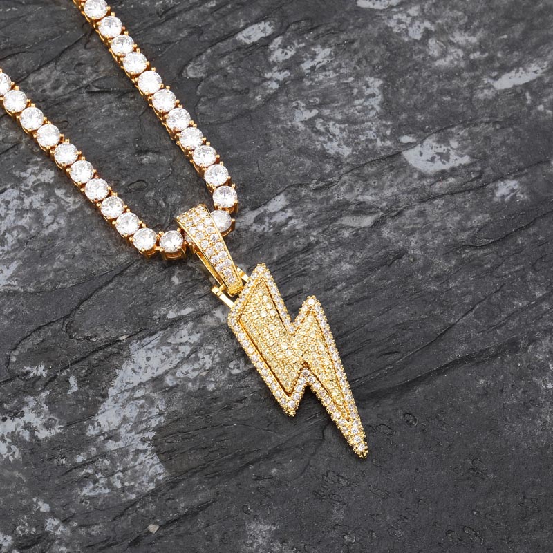 Iced Out Bling Lightning Pendants With Tennis Chain Copper Material Men&