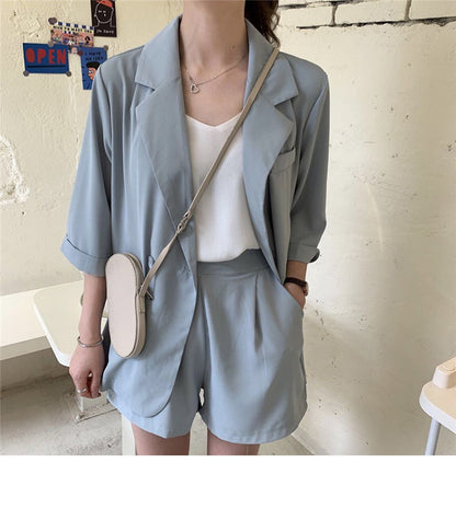 Blazer Set Women Korean Fashion Thin Jackets Casual Loose Shorts Two Piece Suits Female