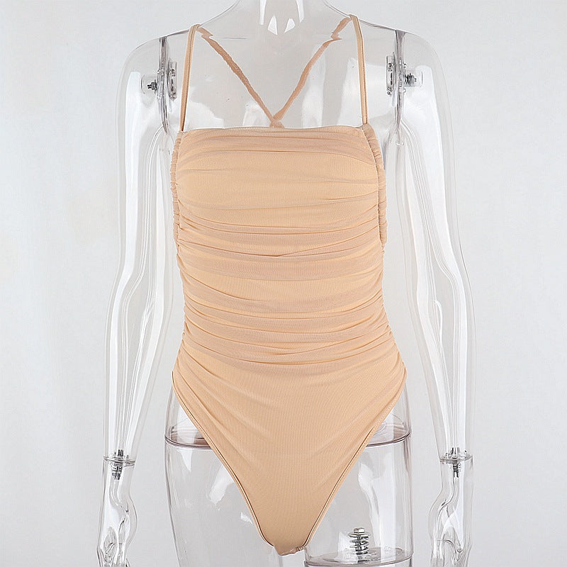 Sleeveless Chic Fashion Mesh Ruched Halter Bodysuit Women Female Tie Up Backless Body Suit