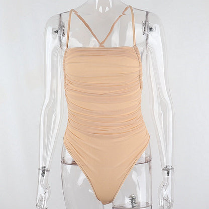 Sleeveless Chic Fashion Mesh Ruched Halter Bodysuit Women Female Tie Up Backless Body Suit