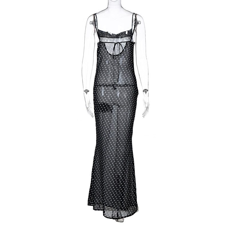 Sleeveless Zip Up Bandage Point Print Mesh See-Through Maxi Dress Sexy Clothings