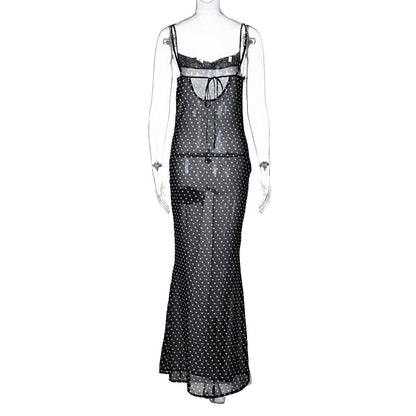Sleeveless Zip Up Bandage Point Print Mesh See-Through Maxi Dress Sexy Clothings