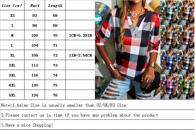 T-shirt Plaid Printed V-neck Long Sleeve Top Casual Loose Large Size Ladies T-shirt