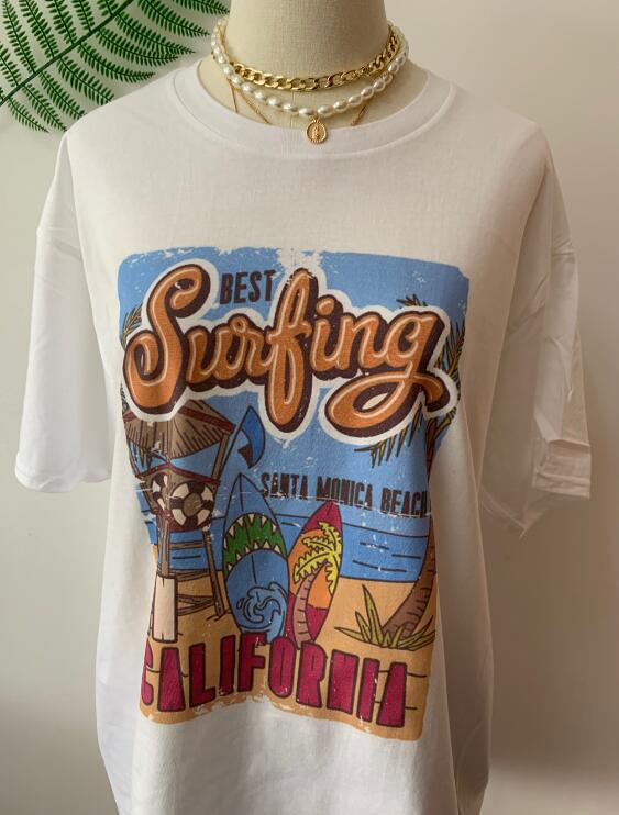 1pcs WHITE Tees Summer Casual Oversized Tee Best Surfing Santa Monica California Womens Retro Style