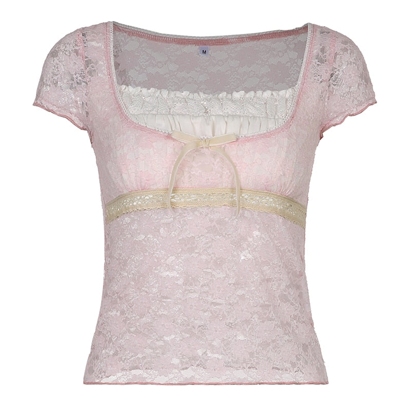 Trim Crop Top Bow Cute Sweet T Shirt Women Retro Short Sleeve Lace Patched Tshirt