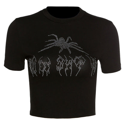 Punk Vintage Rhinestone Spider Goth Graphic T Shirt Women Y2k Style Crop Top O-neck Tshirt