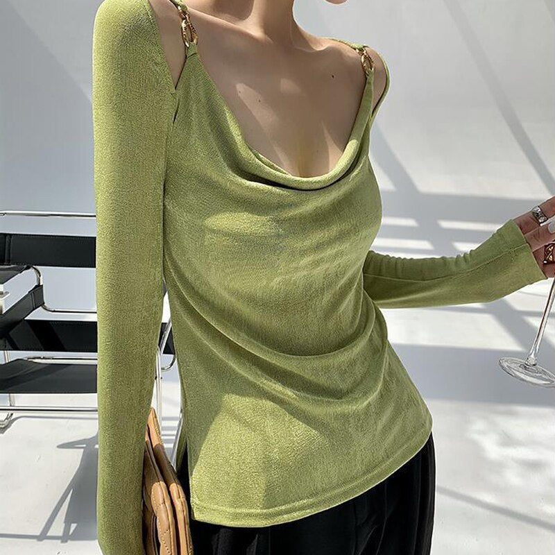 Sexy Swing Collar Cropped Tops Women Autumn  Metal Design Skinny Long Sleeve T-Shirt Outwear
