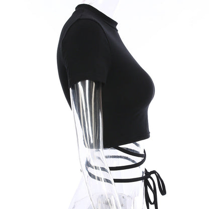 Summer Women Black Short T-Shirts Sexy Crop Tops Short Sleeve Bandage Tee Tops Female Shirts