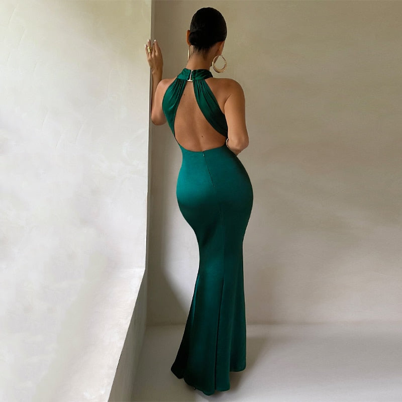 Solid Satin Halter Sleeveless Slim Bodycon Maxi Dress