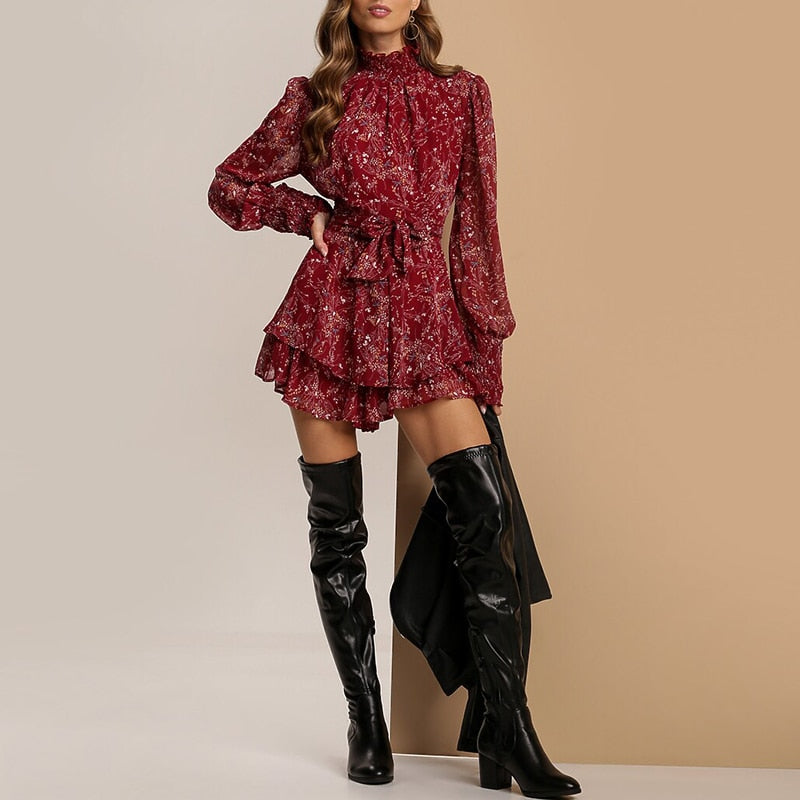 Spring Vintage Perspective Floral Print Dress Women Long Sleeve Chiffon A Line Mini Dress Vestidos