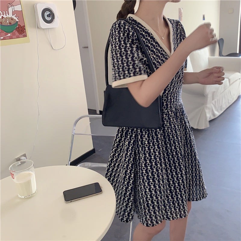 Women Summer V Neck Jacquard Floral Long Dress High Waist Short Sleeve Exquisite Midi Dresses