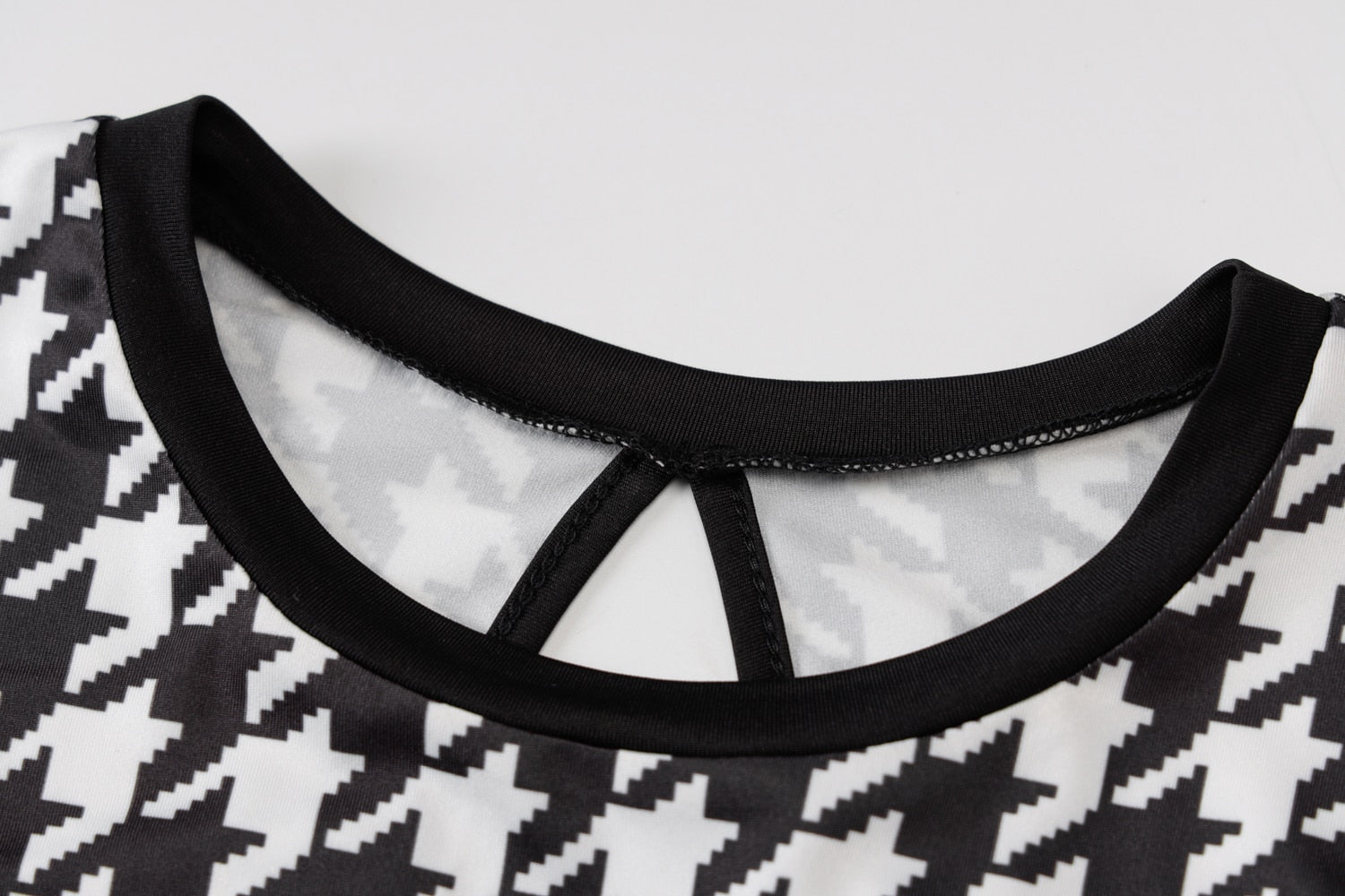 Houndstooth Print Women Long Sleeve Midi Dress Hollow Out Bodycon Streetwear