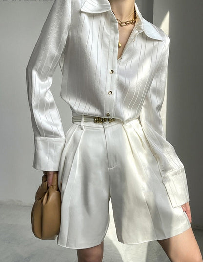Striped Shirts Spring Long Sleeve Single-breasted Female Satin Blouses